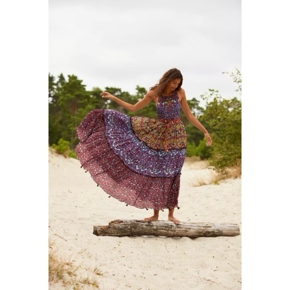 Bhanuni By Jyoti Size 0 Anthropologie Marala Floral Tiered Belted Maxi Dress - Picture 1 of 9
